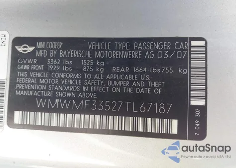 2007 Mini Cooper z USA, uszkodzony, nr VIN WMWMF33527TL67187